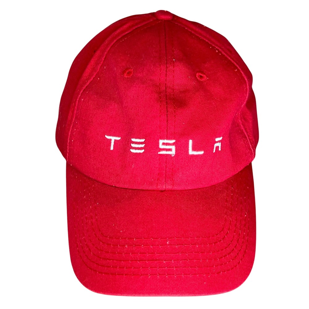 Tesla Motors Red Baseball Cap Adjustable Cotton Dad Hat White Embroidered Logo